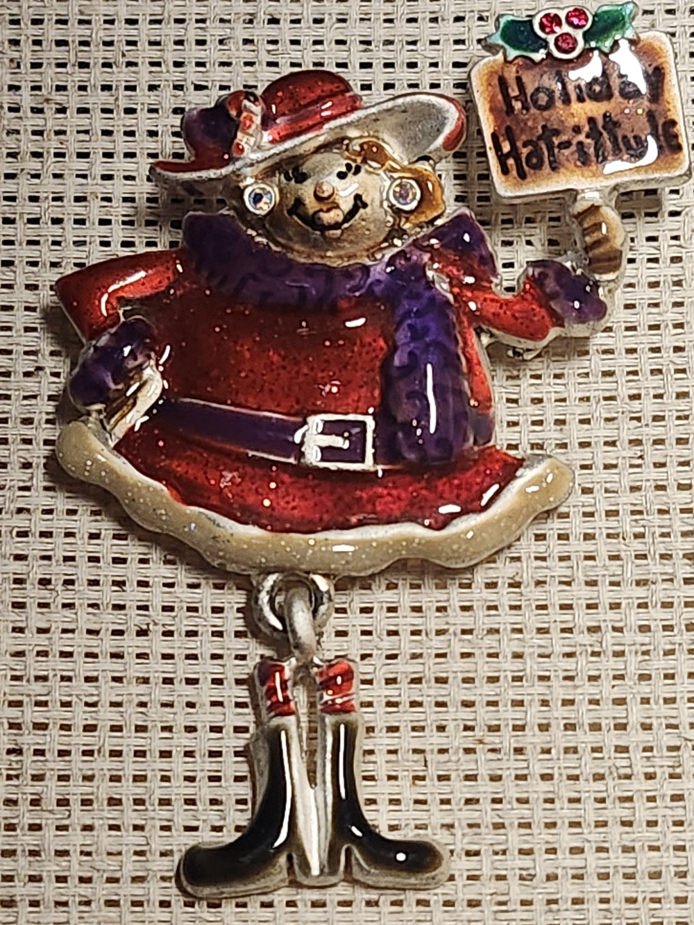 Vintage Red Hat Society "Holiday Hat-itude" Enamel Brooch signed by AJMC